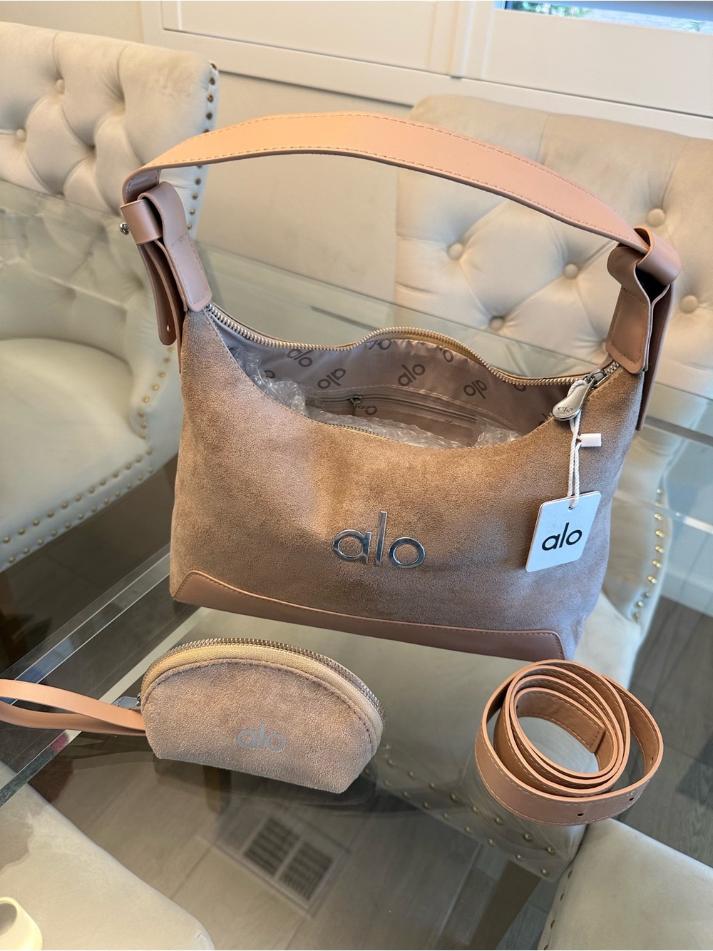 ALO Yoga Sueded Shoulder Bag with Matching Pouch in Blush Tan